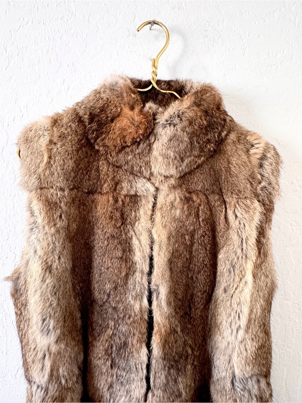 Express World Brown 100% Rabbit Fur Front Zip High Collar Vest with Belt Large - Picture 4 of 11